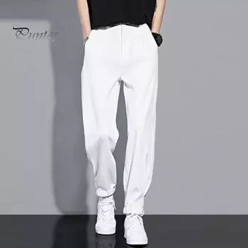 Мужские костюмные брюки Свободные ледяные шелковые тонкие карманы на щиколотках с эластичной резинкой на талии Сплошной цвет Тренажерный зал Формальные деловые брюки Девятые спортивные штаны 2XL чёрный