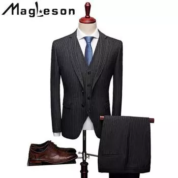 Мужские костюмы в полоску Мужской тонкий деловой повседневный костюм для жениха Костюм-тройка Костюмы и блейзеры S чёрный