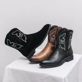 Мужские ковбойские ботинки с острым носком, черные, коричневые, повседневные, в стиле ретро, кожаные ботинки на молнии, мужские демисезонные замшевые ботинки до середины голени, большие размеры EU:46 чёрный