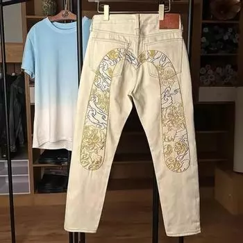 Мужские ковбойские брюки с вышивкой, прямые бежевые джинсы для мужчин, графические многослойные модные винтажные эстетические свободные брюки 2000 года 28