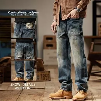 Мужские ковбойские брюки, зауженные мужские джинсы, модные свободные брюки-карго Y2k, винтажные джинсы высокого качества 28 синий