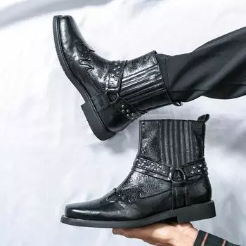 Мужские ковбойские сапоги в стиле ретро с широким носком, жокейские сапоги, уличные мотоциклетные сапоги, крутые высокие сапоги больших размеров EU:46 чёрный