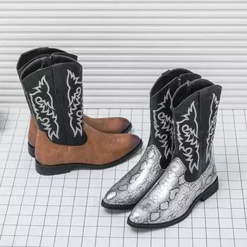 Мужские ковбойские сапоги в стиле вестерн, мотоциклетные сапоги с острым носком, ретро-обувь на молнии из кожи, мужские туфли больших размеров с высоким верхом EU:46 коричневый