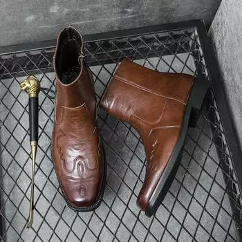 Мужские ковбойские сапоги в стиле вестерн, размер 38-46, вышитый дизайн, остроносые туфли, мужские сапоги до середины голени, кожаные сапоги US6 (CN38) верблюд