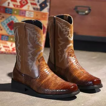 Мужские ковбойские сапоги Western, коричневые, черные, до середины голени, с вышивкой, квадратным носком, с боковой молнией, размер 38-48 38 коричневый