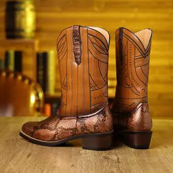 Мужские ковбойские сапоги, вышитые вестерн-сапоги, классические рабочие ботинки с острым носком, прочные ботинки на толстом каблуке, мужские нескользящие полусапожки в стиле ретро US 7.5 чёрный