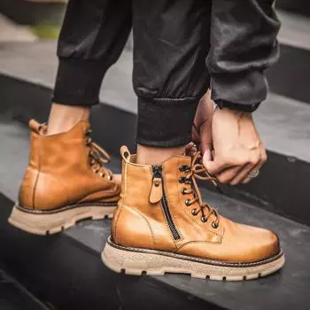 Мужские кожаные ботинки Ботинки Мартины Уличная мода Короткие сапоги с боковой молнией и круглым носком Сапоги для инструментов 38 коричневый