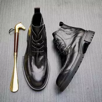 Мужские кожаные ботинки, кожаные высокие ботинки Martin на молнии, толстые подошвы с круглым носком, деловые рабочие ботинки, мужские ботинки 38