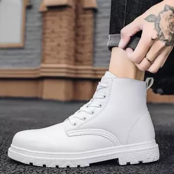Мужские кожаные ботинки, мужская защитная обувь для пар, белые ботинки на платформе в британском стиле, мужские ботинки для походов на открытом воздухе 39 белый