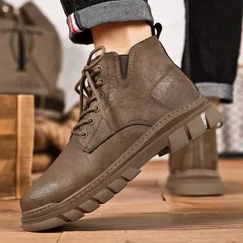 Мужские кожаные ботинки с круглым носком и высоким берцем. Модный и универсальный стиль. Ботинки для отдыха на природе, для мотоцикла, для бизнеса, на каждый день, для офиса. 39 чёрный