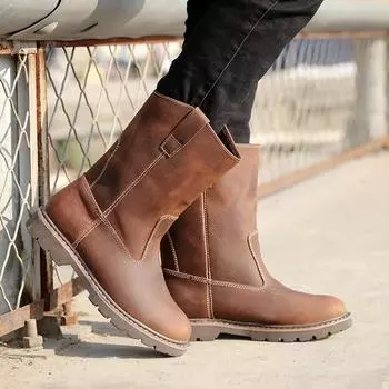 Мужские кожаные ботинки, зимние, водонепроницаемые, ретро, квадратный каблук, прочные, уличные, осенние, трендовые, модные, без застежек, ковбойские ботинки большого размера 6