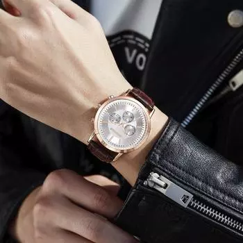 Мужские кожаные деловые модные часы с ремешком для подарков One Size