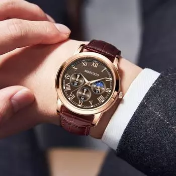 Мужские кожаные деловые модные часы с ремешком для подарков One Size коричневый