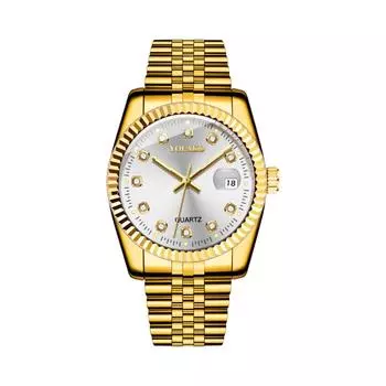 Мужские кожаные деловые модные часы с ремешком для подарков One Size золотой