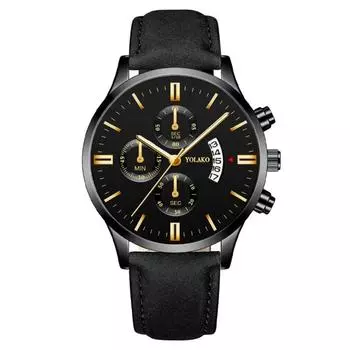 Мужские кожаные деловые модные часы с ремешком для подарков One Size чёрный