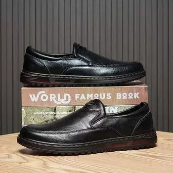 Мужские кожаные дышащие однопедальные чехлы для ног, деловые повседневные кожаные туфли, первый слой, мягкая кожа, мягкая подошва, отцовские туфли 39 чёрный