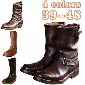 Мужские кожаные ковбойские сапоги с круглой головкой и средним верхом из воловьей кожи Сапоги с плоской подошвой