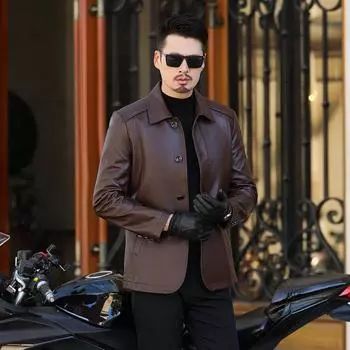 Мужские кожаные куртки, мужские куртки из овчины, весенние и осенние повседневные куртки из натуральной кожи для пап среднего возраста с лацканами 170