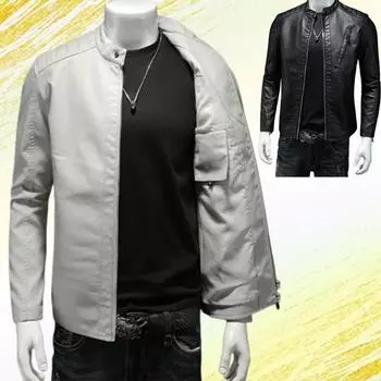Мужские кожаные куртки размера плюс повседневная куртка модная мотоциклетная PU молния базовая ветрозащитная зимняя куртка воротник-стойка тонкая новая M белый