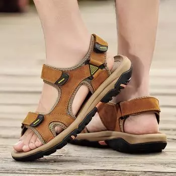 Мужские кожаные летние спортивные сандалии на открытом воздухе с мягкой подошвой, уличные дышащие новые пляжные туфли больших размеров на липучке 38