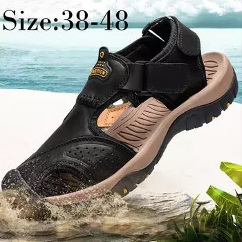 Мужские кожаные летние уличные пляжные сандалии ручной работы, нескользящая мужская повседневная обувь, удобные сандалии 38 чёрный