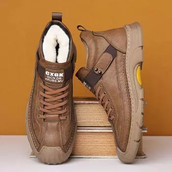 Мужские кожаные походные туфли на флисовой подкладке, уличные противоскользящие теплые кроссовки на меховой подкладке для мужчин, зимние высокие походные ботинки, новые деловые ботильоны
