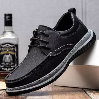 Мужские кожаные повседневные туфли из натуральной кожи, первый слой, круглая голова, шнуровка, средние туфли для старых отцов, дышащая мягкая подошва 38 чёрный
