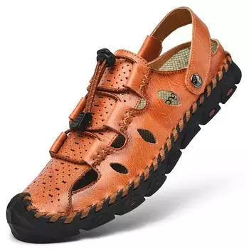Мужские кожаные сандалии 2025 лето уличные для отдыха полые дышащие кожаные туфли нескользящая мягкая подошва туфли с закрытым носком мужские 38