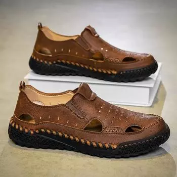 Мужские кожаные сандалии без застежек, прочные сшитые вручную туфли с закрытым носком, нескользящие туфли для использования в помещении, на открытом воздухе, на пляже 39 хаки