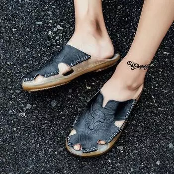 Мужские кожаные сандалии большого размера, летняя классическая мужская обувь, тапочки, мягкие сандалии, мужские римские удобные уличные прогулочные туфли 38