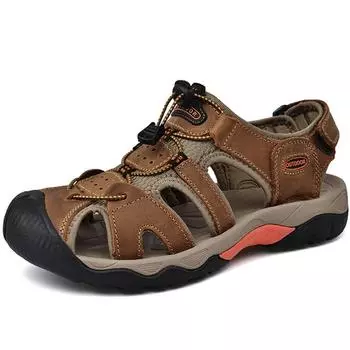 Мужские кожаные сандалии для отдыха на природе большого размера, летние повседневные мужские пляжные туфли для отдыха, модные нескользящие сандалии для отдыха на природе 39 чёрный