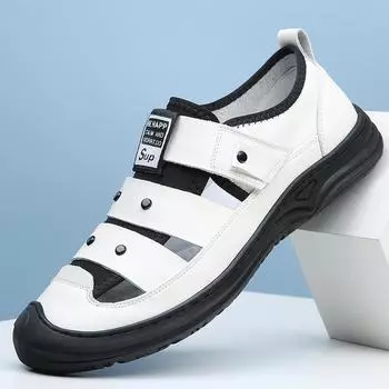 Мужские кожаные сандалии, кожаные мужские туфли, летние дышащие туфли среднего возраста с дырками, мужские новые нескользящие повседневные туфли для папы с мягкой подошвой 38 чёрный