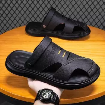 Мужские кожаные сандалии, летние классические мужские тапочки, мягкие сандалии, модные повседневные удобные уличные пляжные прогулочные туфли 38
