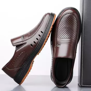 Мужские кожаные сандалии, летние, новые, кожаные, деловые, повседневные, мужские туфли, полые, дышащие, для мужчин среднего и пожилого возраста, с дырками 38