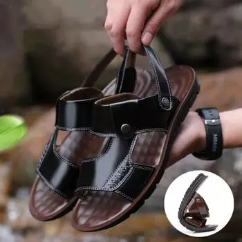Мужские кожаные сандалии, летняя дышащая повседневная обувь для мужчин, пляжные сабо, нескользящие спортивные тапочки для отдыха на открытом воздухе, сандалии 38 чёрный