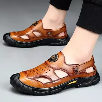 Мужские кожаные сандалии, летняя мужская обувь, пляжные сандалии, мужские модные удобные уличные повседневные кроссовки, классическая мужская обувь 38 чёрный