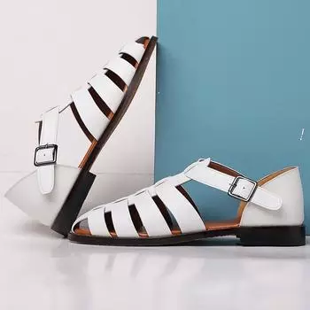Мужские кожаные сандалии, мужские модные летние римские гладиаторские туфли, мужские повседневные удобные мягкие пляжные туфли на плоской подошве 38 (US 6) белый