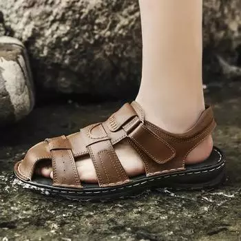 Мужские кожаные сандалии Пляжные сандалии с закрытым носком Летние спортивные сандалии на открытом воздухе 39 чёрный