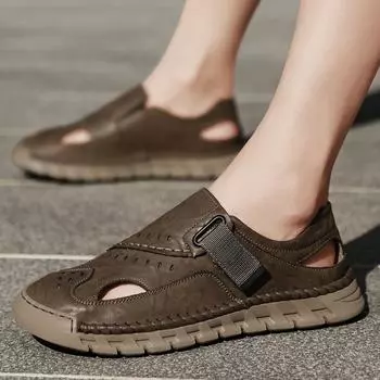 Мужские кожаные сандалии, прочные, сшитые вручную, кроссовки с закрытым носком, нескользящая обувь для использования в помещении, на открытом воздухе, на пляже 39 хаки