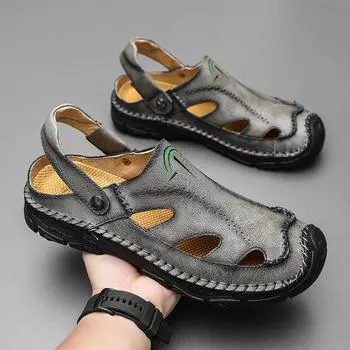 Мужские кожаные сандалии ручной работы, роскошные дизайнерские туфли Baotou с плоским дном, с выемками, для отдыха на пляже, большие мужские тапочки 38 коричневый