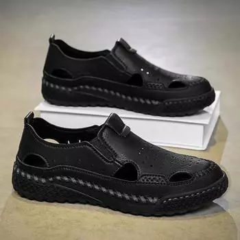 Мужские кожаные сандалии Slip On, прочные сшитые вручную туфли с закрытым носком, нескользящие туфли для использования в помещении, на открытом воздухе, на пляже 39 хаки