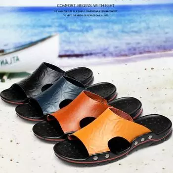 Мужские кожаные сандалии, тапочки, большой размер 38-48, тапочки 38 чёрный