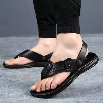 Мужские кожаные тапочки 2024 года, летние, люксовые, брендовые, мужские шлепанцы, для дома и отдыха, мягкие, пляжные, двойного назначения, повседневная обувь, размер 38-44 38 чёрный