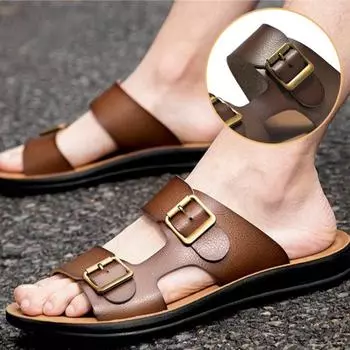 Мужские кожаные тапочки, летние тапочки с пряжкой на ремне, повседневные сандалии, мужская пляжная обувь, модные тапочки, мужские сандалии 38