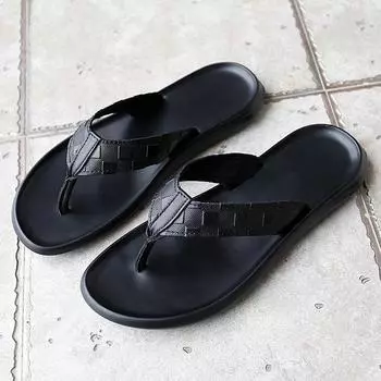 Мужские кожаные тапочки, мужские шлепанцы, повседневные, для отдыха на природе, летние, итальянские дизайнерские, классические, черные, пляжная обувь для мужчин, новинка 2022 года 39