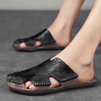 Мужские кожаные тапочки, нескользящие пляжные сандалии, удобная летняя обувь, мужские тапочки, классические мужские шлепанцы 39 чёрный