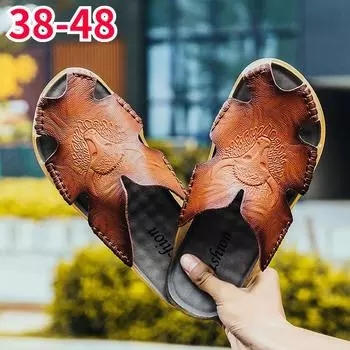 Мужские кожаные тапочки с закрытым носком, модные сандалии больших размеров 38 чёрный