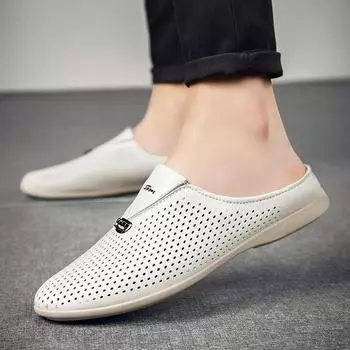 Мужские кожаные тапочки, полые сандалии, повседневная обувь 39 чёрный