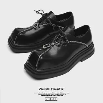 Мужские кожаные туфли 2024 года с квадратным носком, толстой подошвой, модным дизайном на молнии и стилем в стиле панк — черная деловая обувь. 43