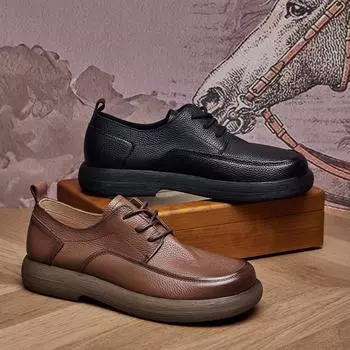 Мужские кожаные туфли Beijiang Wolf с большой головой, повседневные туфли из мягкой кожи на шнуровке, первый слой из коровьей кожи, дышащие деловые туфли с круглым носком 39 чёрный